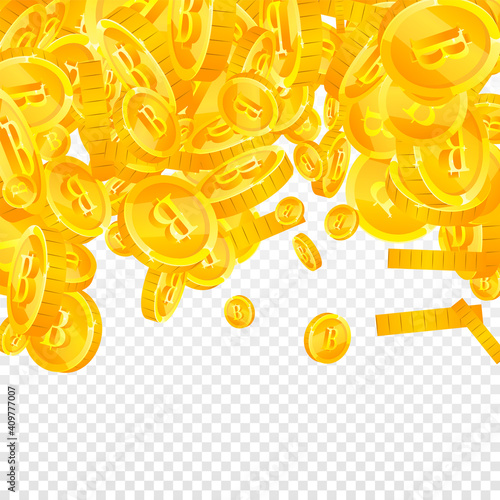 Thai baht coins falling. Admirable scattered THB coins. Thailand money. Memorable jackpot, wealth or success concept. Vector illustration.