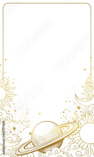 Astrological chart with planet Saturn, sun, moon and stars. Golden hand-drawn design isolated on white background. Illustration of divination or horoscope, vintage style. Vector frame with copy space.