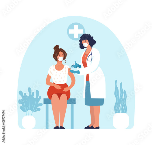 Modern epidemics. Doctor in a mask and gloves in a clinic makes a woman a coronavirus vaccine, conceptual illustration of immunity. Adult immunization. Vector isolated on white background.
