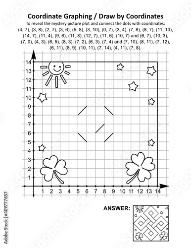 Coordinate graphing, or draw by coordinates, math worksheet with St Patrick's Day mystery picture of celtic design. Answer included.
