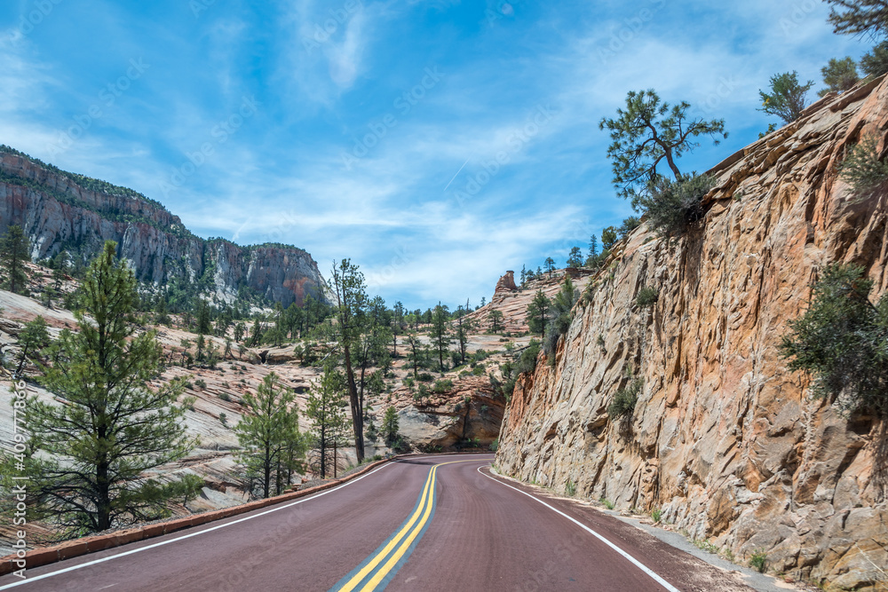 A long way down the road going to Zion National Park, Utah A long way down the road going to Zion National Park, Utah