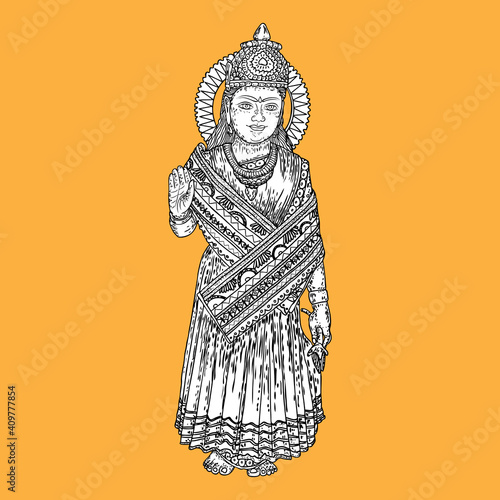 Devi Parvati classic traditional Hindu deity hand drawing. Vector.