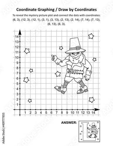 Coordinate graphing, or draw by coordinates, math worksheet with St Patrick's Day mystery picture "L is for Leprechaun": To reveal the mystery picture plot and connect the dots with given coordinates
