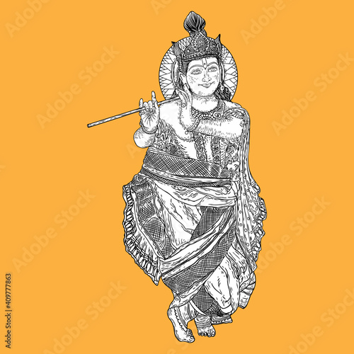 Lord Krishna playing bansuri flute isolated on background.  Happy Janmashtami holiday festival hand drawn design. Vector.
