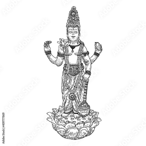 Lord Vishnu standing on lotus giving blessing hand drawn illustration in classic vision. Hindu God.  Vector.