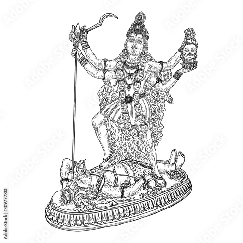 Indian hindi goddess Kali also known as the Dark Mother. Vector illustration.