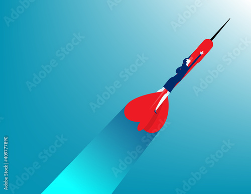 Business woman ride darts upward. Business startup