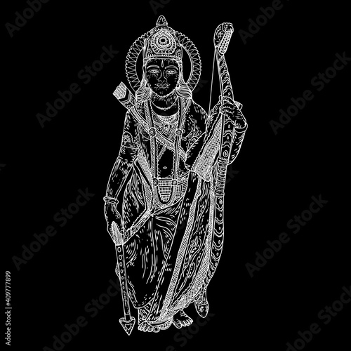 Hand drawn illustration of Lord Rama for Navratri festival for Happy Dussehra. Vector.