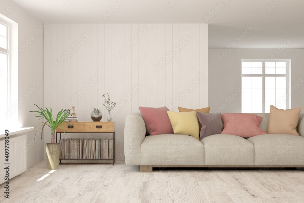 Fototapeta premium White living room with sofa. Scandinavian interior design. 3D illustration