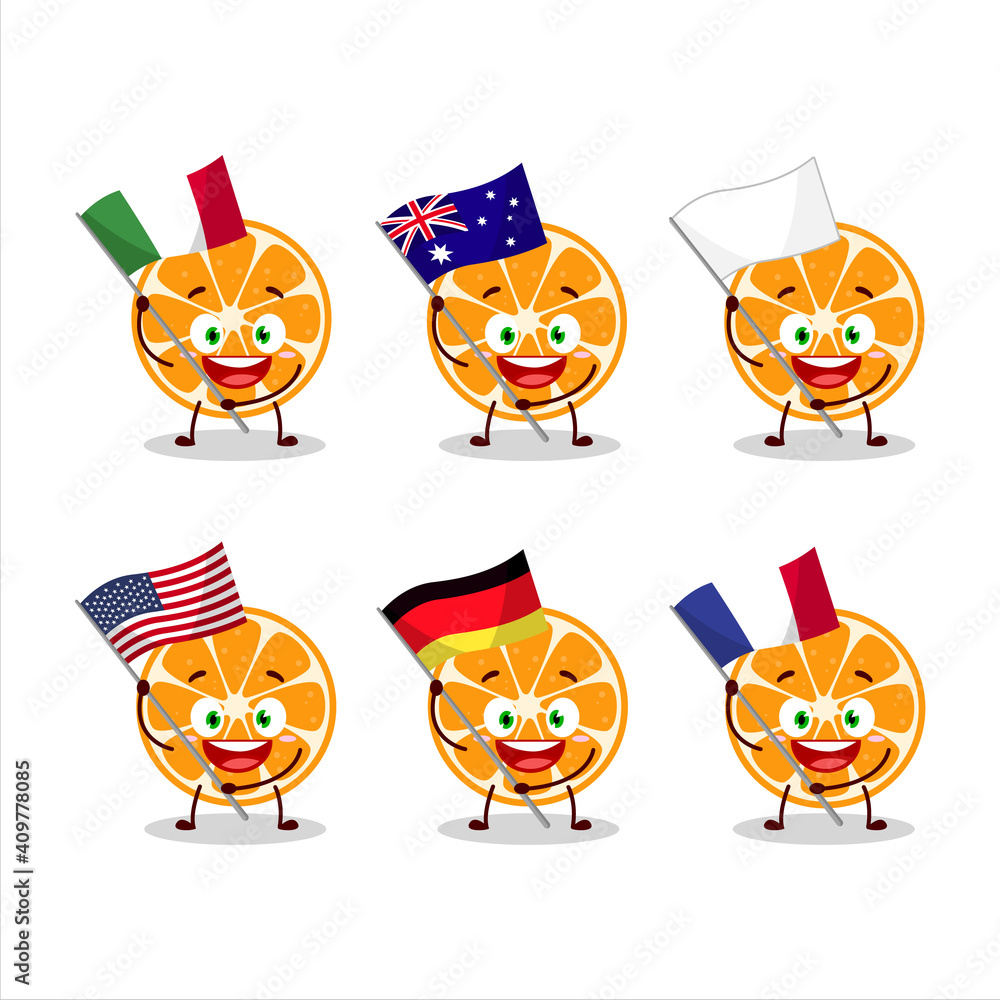 Slice of kumquat cartoon character bring the flags of various countries Slice of kumquat cartoon character bring the flags of various countries