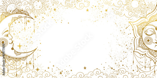 Fototapeta White magic background with sleeping golden sun with face and crescent moon, space pattern with copy space and stars