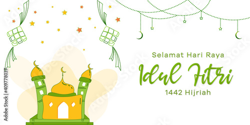 Selamat hari Raya Idul Fitri, Aidil Fitri, the celebration of islamic day after fully fasting at ramadan month with set of Ketupat the symbol of indonesian traditional food, mosque, crescent moon.