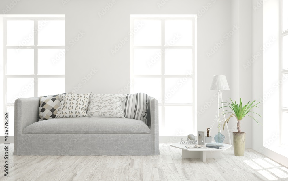 Fototapeta premium White living room with sofa. Scandinavian interior design. 3D illustration