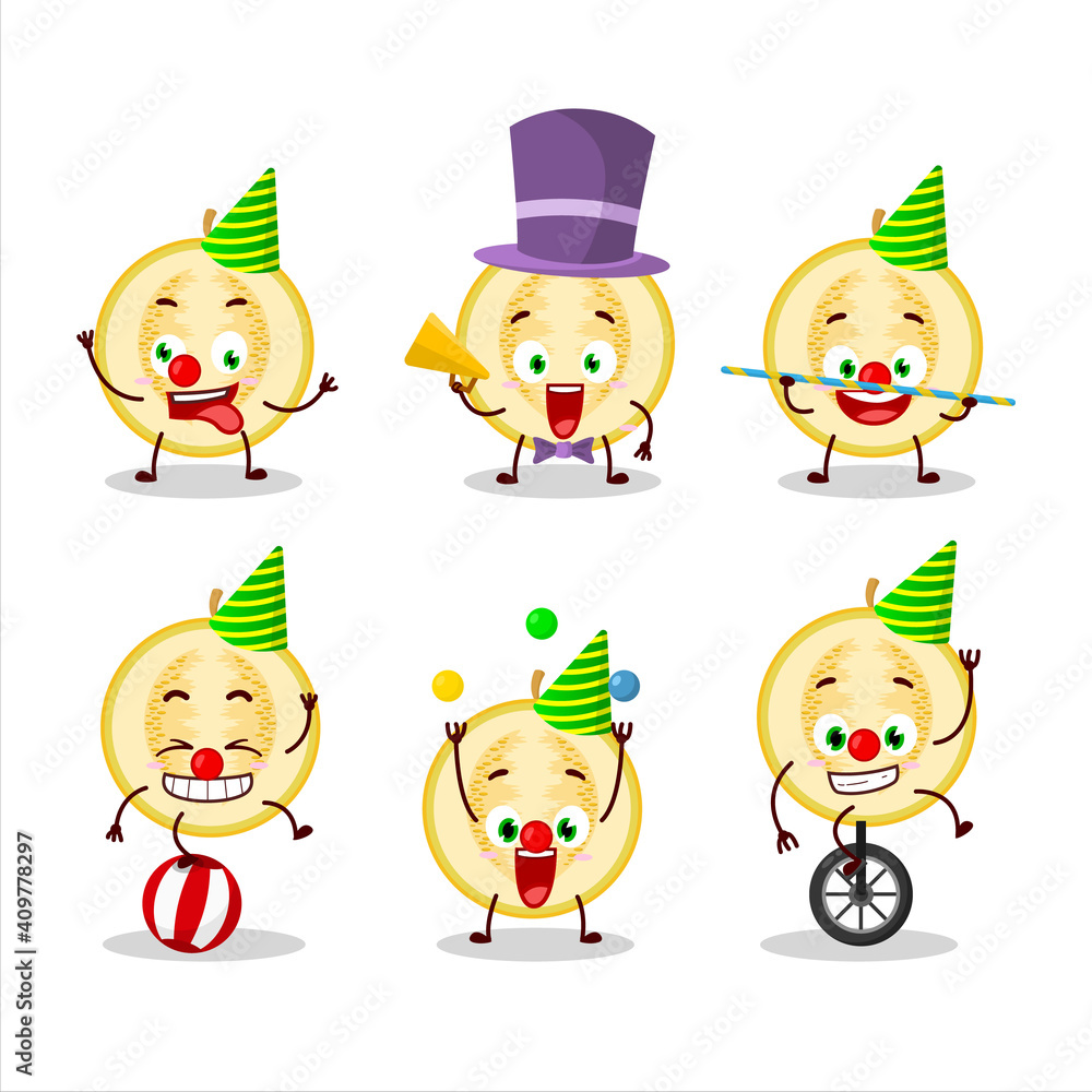 Cartoon character of slice of yellow melon with various circus shows Cartoon character of slice of yellow melon with various circus shows