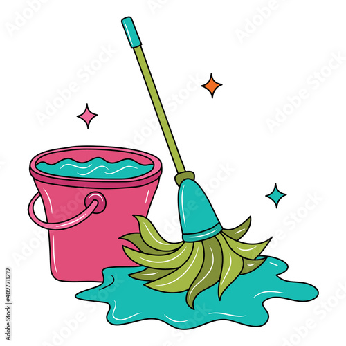Simple mop and bucket of water, colored Line art vector illustration