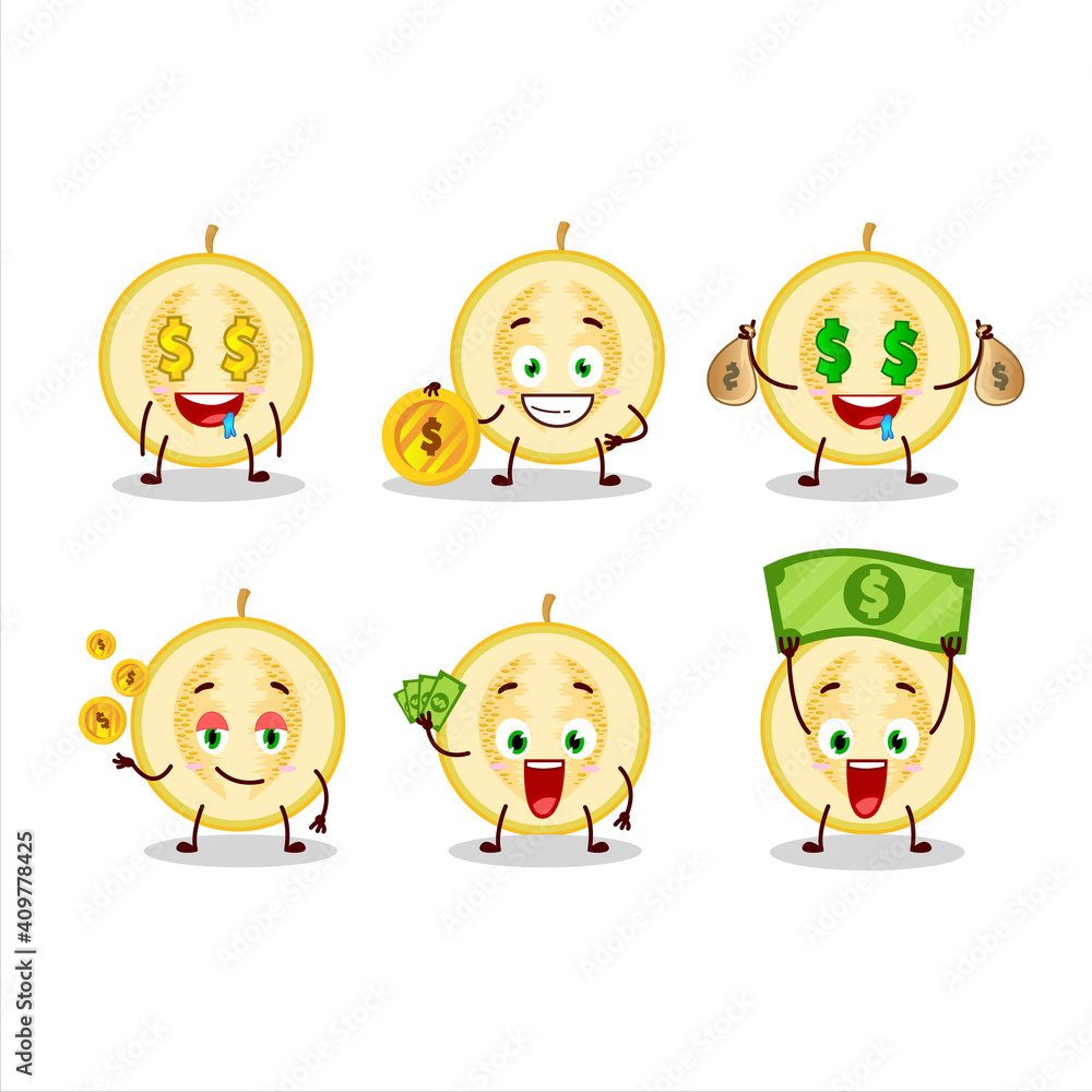 Slice of yellow melon cartoon character with cute emoticon bring money Slice of yellow melon cartoon character with cute emoticon bring money