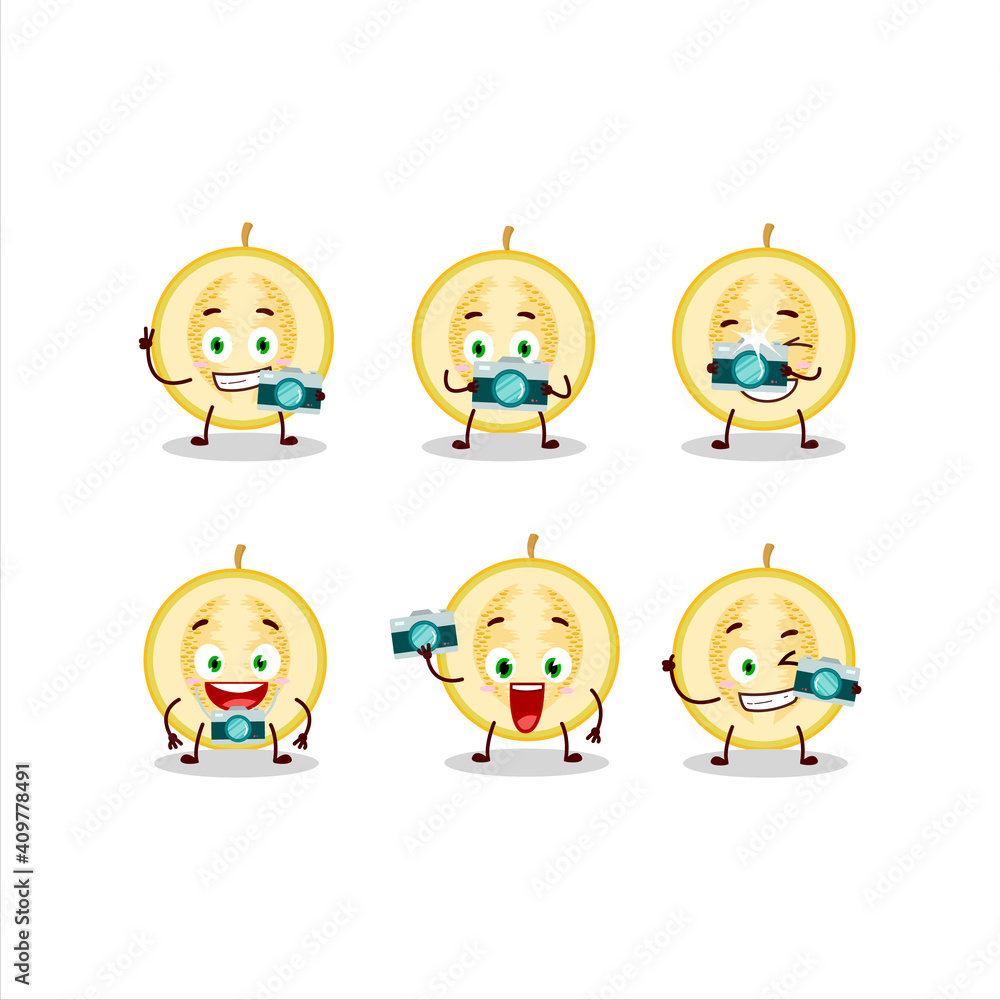 Photographer profession emoticon with slice of yellow melon cartoon character Photographer profession emoticon with slice of yellow melon cartoon character