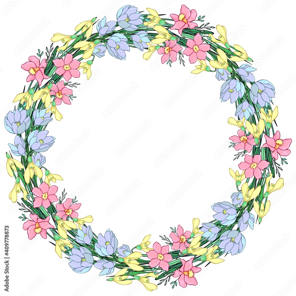 A wreath of wildflowers. Line art. Decorative isolated element for design.