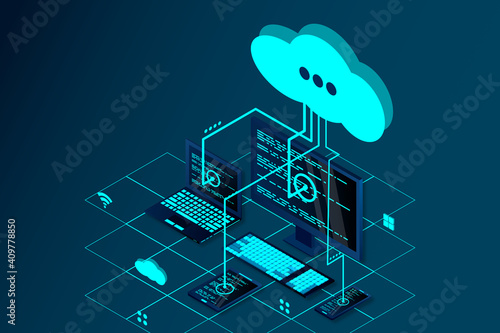 Vector 3d isometric illustration network with computer, laptop, tablet, and smartphone. Cloud storage 3d isometric technology concept. Isometric cloud technology with cloud. Modern cloud technologies.