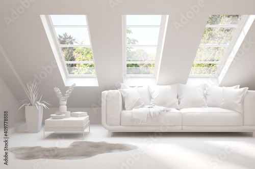 White living room with sofa and summer landscape in window. Scandinavian interior design. 3D illustration