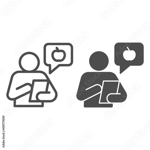 Healthy food consultant with smartphone line and solid icon, Diet concept, chat with fruit logo and person sign on white background, Online doctor consultation services icon in outline style. Vector.