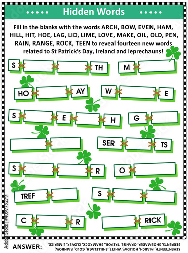 St Patrick's Day holiday or festival themed word game or word puzzle (English language). Answer included.

