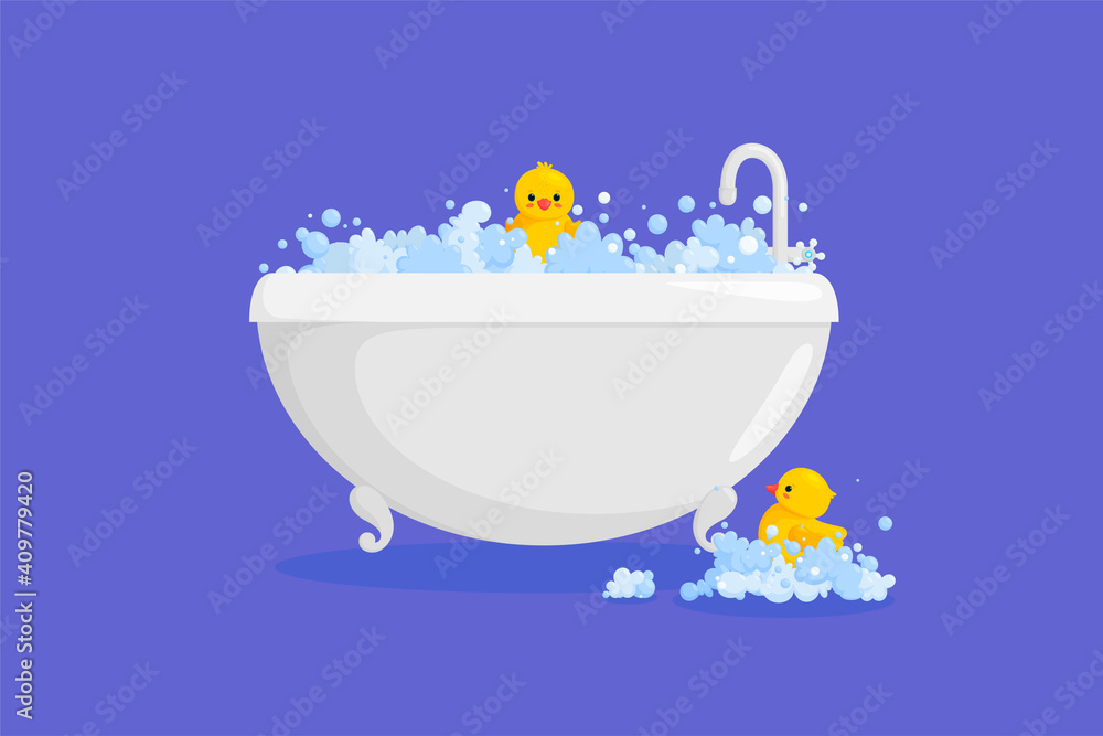 Bathtub with rubber duck in suds. Yellow duck in bubbles and foam isolated in violet background. Vector illustration in cartoon style Bathtub with rubber duck in suds. Yellow duck in bubbles and foam isolated in violet background. Vector illustration in cartoon style