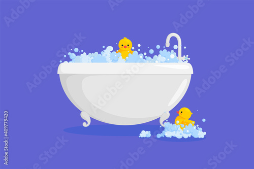 Bathtub with rubber duck in suds. Yellow duck in bubbles and foam isolated in violet background. Vector illustration in cartoon style
