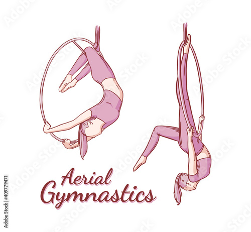 Aerial female gymnast set. Aerial gymnastics strength iproving pose. Colored engraved vector illustration isolated on white background