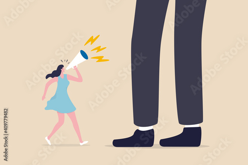 Woman right, feminism speak out for gender gap, inequality in work or female leadership to negotiate and succeed in life concept, beautiful lady businesswoman speak out loud on megaphone to giant man.