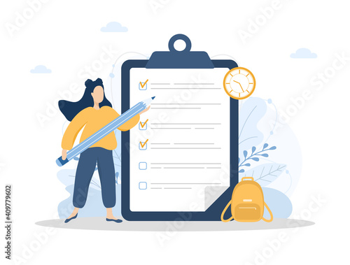 Month planning or to do list concept. Woman with a giant pencil standing near large checklist on a clipboard paper. Vector illustration in flat cartoon style.