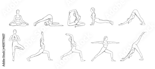 Yoga asana set. Set of woman exercising yoga illustrations. Hand drawn sketch vector illustration isolated on white background
