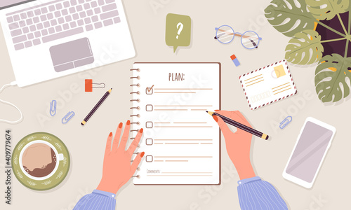 Month planning or checklist concept. Woman planning day or week. Task scheduling, work process organization and achievements of goals. Top-down view. Vector illustration in flat cartoon style.