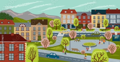 City life concept vector illustration. Cityscape hand drawn poster with streets, people, cars, cute houses and trees on a town square. Urban landscape, city buildings, summer park