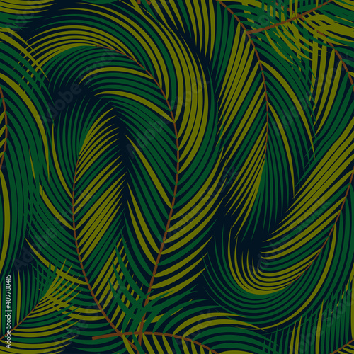 seamless pattern of palm leaves on a dark background. It can be used as an abstract jungle-themed background. the flat pattern. stock vector illustration. EPS 10.