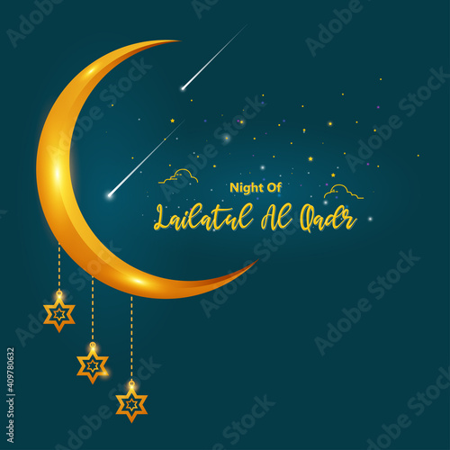 Lailatul Qadr lettering greeting card design for Ramadan Kareem, Eid al Fitr and Eid Al Adha Celebrating. with Crescent moon, stars and lantern. 