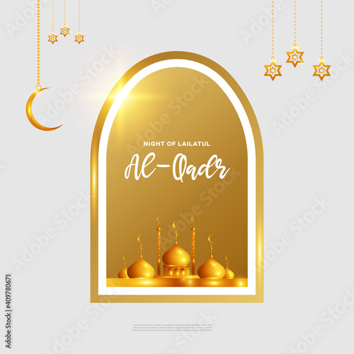 Lailatul Qadr lettering greeting card design for Ramadan Kareem, Eid al Fitr and Eid Al Adha Celebrating.with Mosque, Crescent moon and lantern. vector illustration