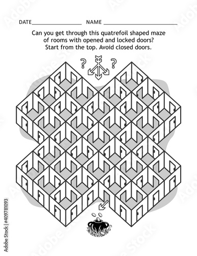 St Patrick's Day themed rooms and doors maze game or activity page: Can you get through this quatrefoil shaped maze of rooms with opened and locked doors? Start from the top. Avoid closed doors.
