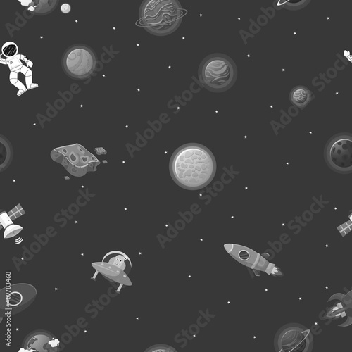 Flat cartoon style space pattern. Astronaut with