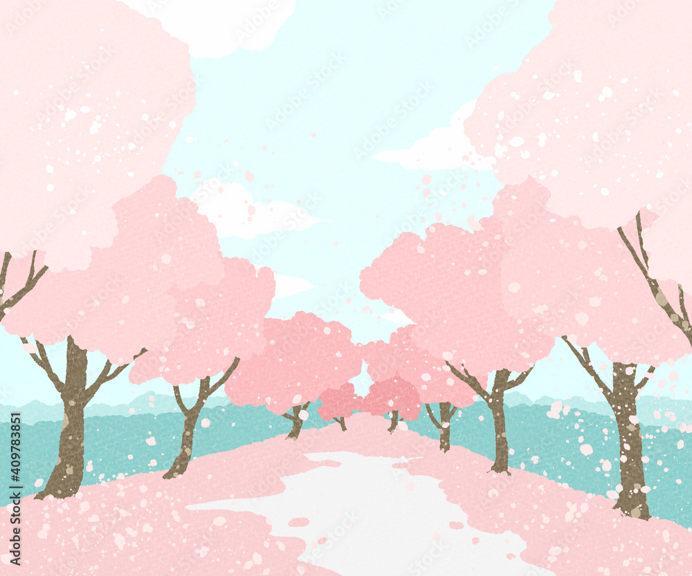 花びらの舞い散る桜並木のイラスト素材 Stock Illustration Adobe Stock
