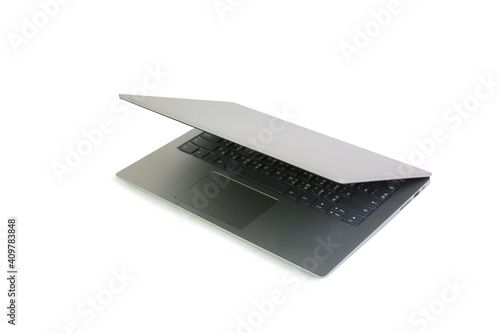 Laptop with fold screen down isolated on white background. Notebook computer with clipping path
