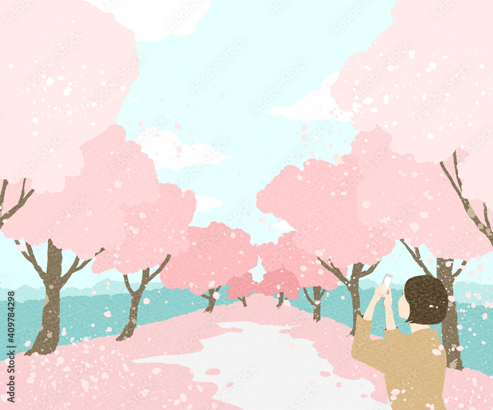 桜並木をスマホで撮影する女性のイラスト Stock Illustration Adobe Stock