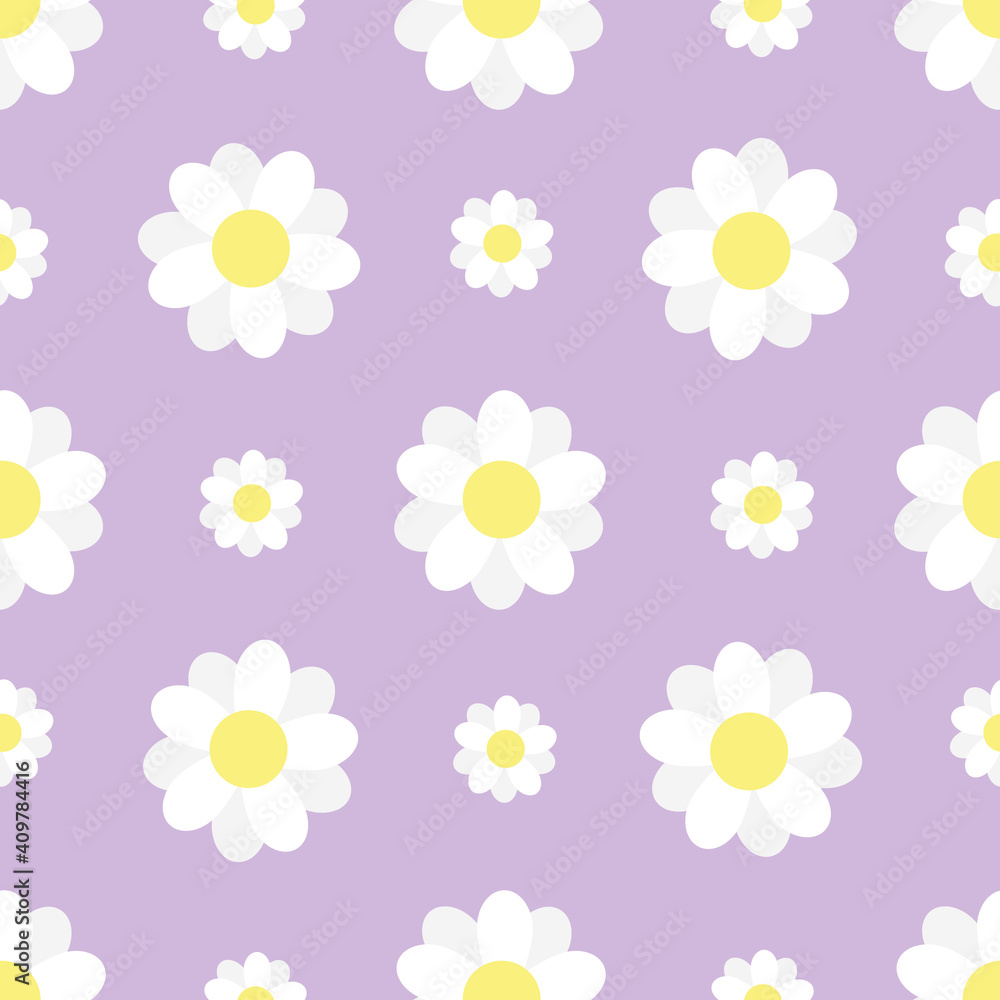 Seamless floral pattern. White daisies or daisies on a lilac background. Endless ornament for textiles and fabrics, wrapping paper, packaging. Vector image. Flat style.

