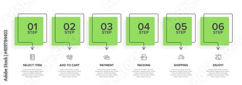 Concept of shopping process with 6 successive steps. Six colorful graphic elements. Timeline design for brochure, presentation, web site. Infographic design layout.