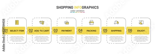 Concept of shopping process with 6 successive steps. Six colorful graphic elements. Timeline design for brochure, presentation, web site. Infographic design layout.