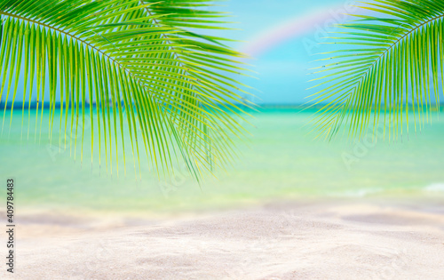 Coconut tree leaf on the tropical beach with space for text , summer,holiday, vacation weekend or relax ,summer mid year sale concept  © kittiyaporn1027