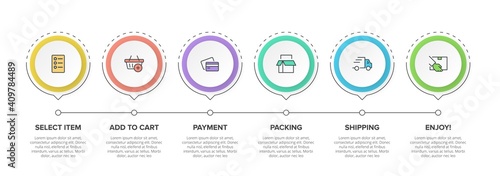 Concept of shopping process with 6 successive steps. Six colorful graphic elements. Timeline design for brochure, presentation, web site. Infographic design layout.