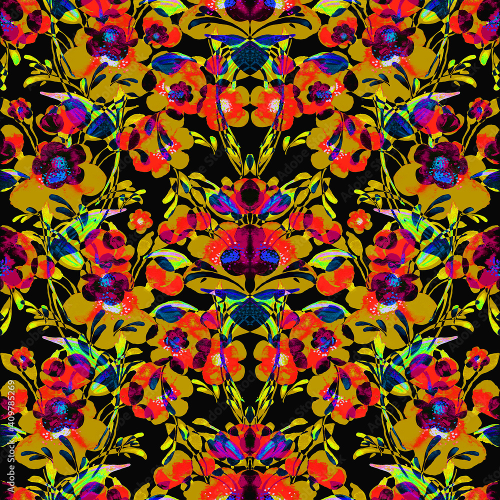 Abstract floral seamless pattern spring flowers drawn by paints on paper Abstract floral seamless pattern spring flowers drawn by paints on paper