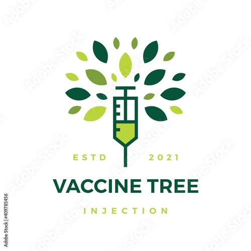 vaccine tree leaf injection virus covid 19 logo vector icon illustration