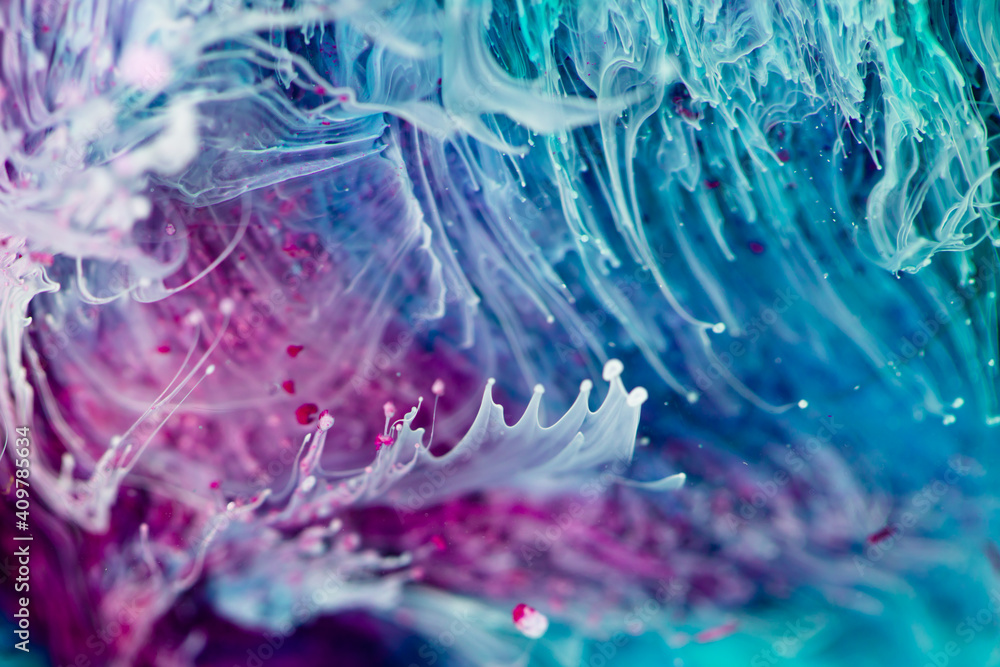 Fototapeta premium Epoxy resin texture with aquamarine, lilac and white colors. Fluid backdrop with splashes and ripples. Abstract frozen artwork with splatter inks. Bright colors mixes on macrophotography picture